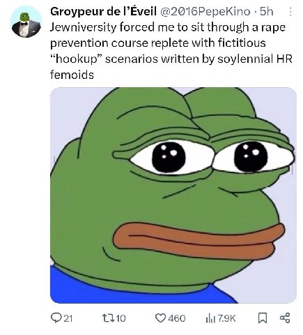 Groypeur ГЁуей @2016РереКто Jewniversity forced me to sit through a rape prevention course replete with fictitious “hookup” scenarios written soylennial femoids