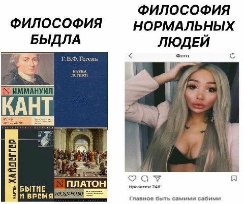 ФИЛОСОФИЯ ФИЛОСОФИЯ НОРМАЛЬНЫХ БЫДЛА ЛЮДЕЙ Гегель Фото логики АУКА IN ИММАНУИЛ КАНТ РАЗУМА у ПЛАТОН БЫТИЕ Нравится: 746 ВРЕМЯ Главное быть самими сабими
