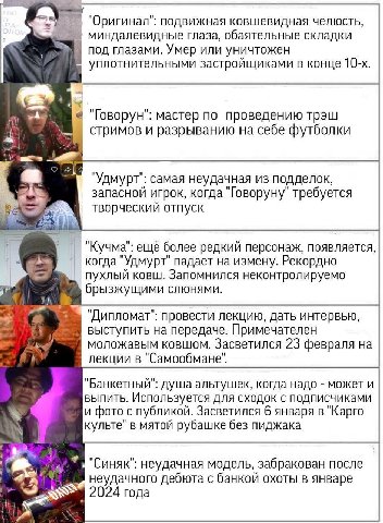 "Оригинал": подвижная ковшевидная челюсть, миндалевидные глаза, обаятельные складки под глазами. Умер или уничтожен уплотнительными застройщиками в конце "Говорун": мастер по проведению трэш стримов и