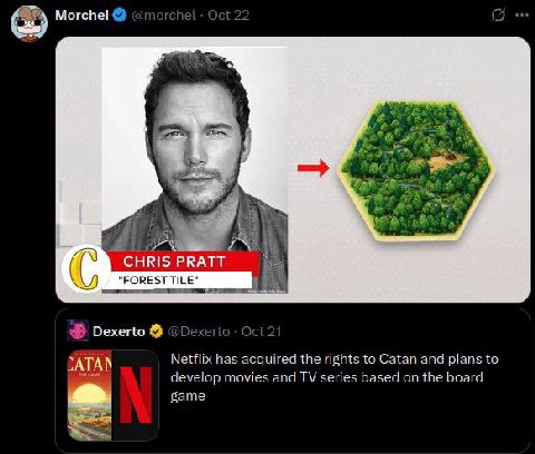 Morchel Bee CHRIS PRATT “FOREST TILE" Dexerto Netflix has acquired the rights to Catan and plans to develop movies and series based the board game