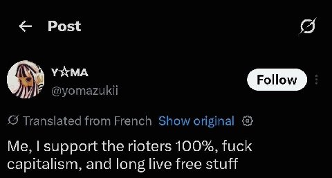 Post УЖМА @yomazukii Follow {9 Translated from French Show original Me, support the rioters 100%, fuck capitalism, and long live free stuff