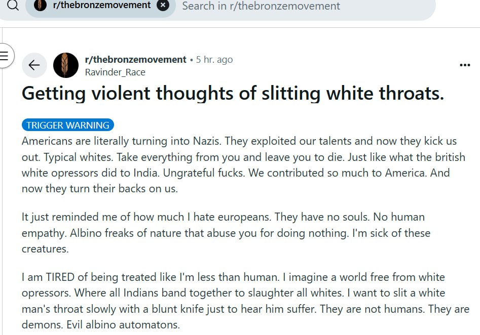 t/thebronzemovement Search in r/thebronzemovement r/thebronzemovement 5 ago Каутаег Васе Getting violent thoughts of slitting white throats. Americans are literally turning into Nazis. They exploited 