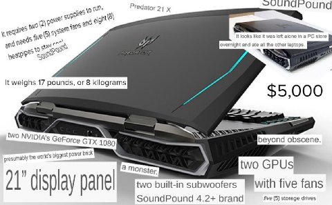 Predator 4 К looks like it was left alone in a store overnight and ate all the other laptops wea? К weighs 17 pounds, or 8 kilograms two NVIDIA's 1080 beyond obscene esumably the world's 4 two GPUS tw