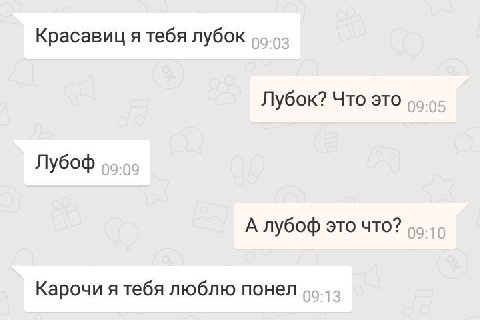 Красавиц я тебя лубок Лубок? Что это Лубоф А лубоф это что? Карочи я тебя люблю понел