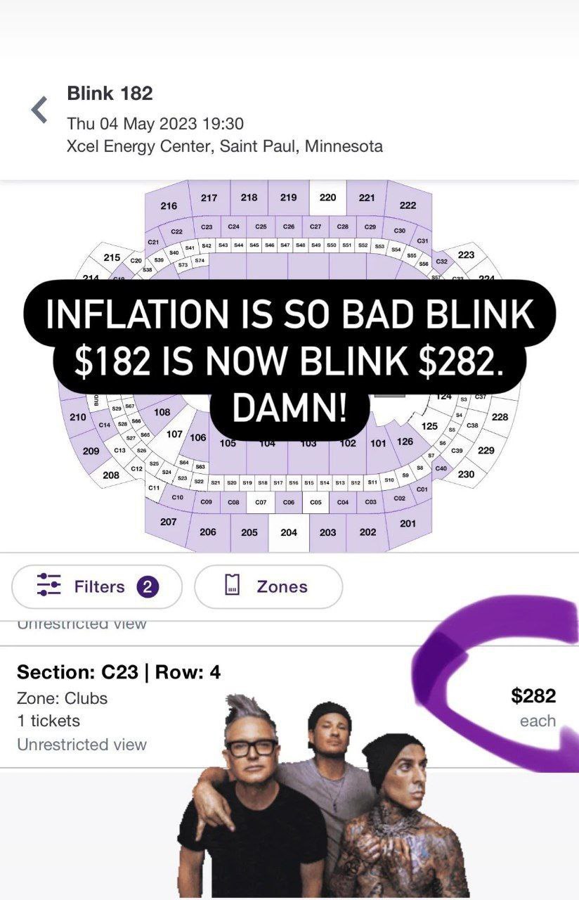 Blink 182 Thu 04 May 2023 19:30 Xcel Energy Center, Saint Paul, Minnesota 217 218 219 220 221 DAMN! 101 `229 208 606 cos cos 27| 208 206 205 204 203 202 Filters Zones VIEW Section: Row: 4 Zone: Clubs 