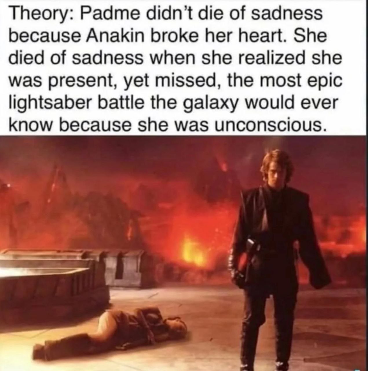 Theory: Padme didn’t die of sadness because Anakin broke her heart. She died of sadness when she realized she was present, yet missed, the most epic lightsaber battle the galaxy would ever know becaus