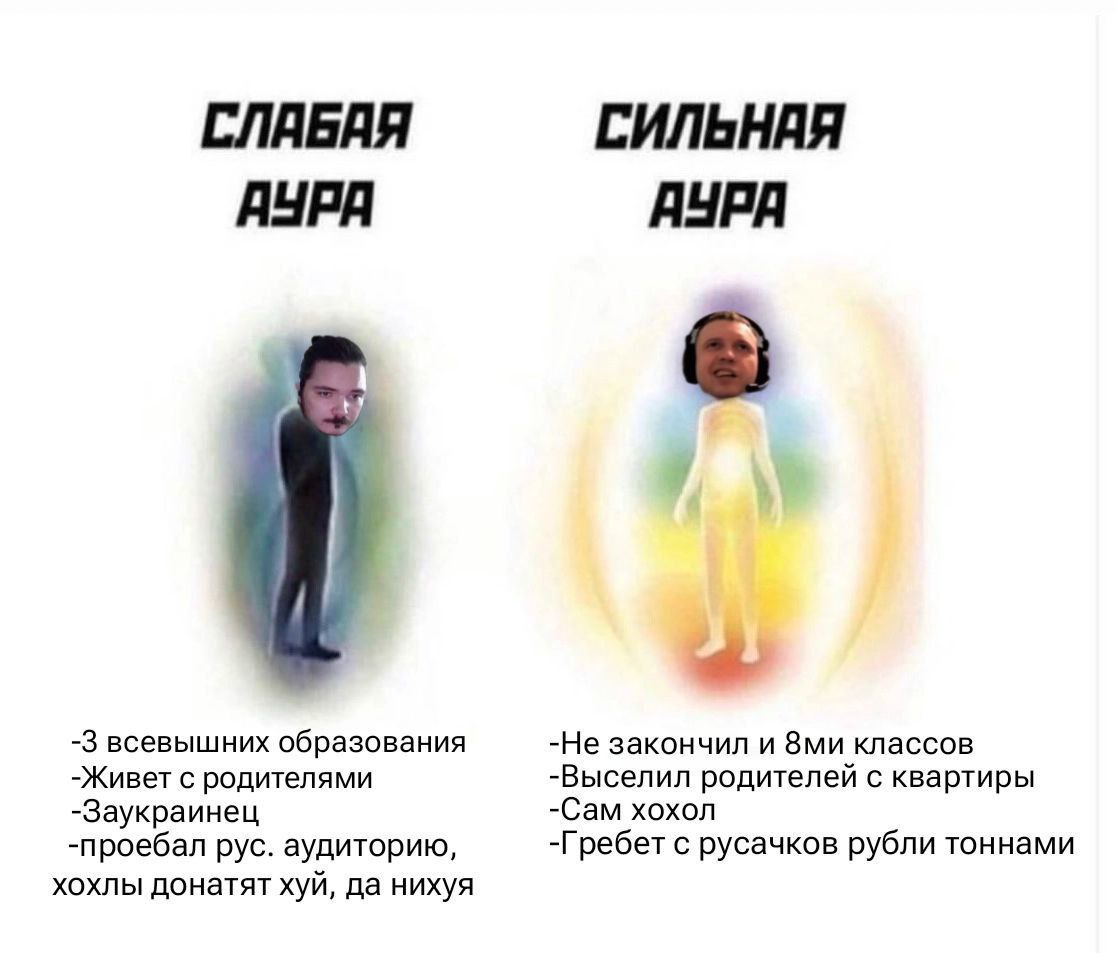 СЛАБАЯ СИЛЬНАЯ АУРА АУРА -3 всевышних образования -Не закончил и классов -Живет с родителями -Выселил родителей с квартиры -Заукраинец -Сам хохол -проебал рус. аудиторию, -Гребет с русачков рубли тонн