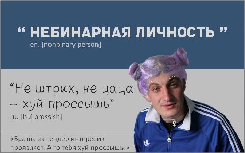 “НЕБИНАРНАЯ ЛИЧНОСТЬ [nonbinary person] “Не штрих, не цаца хуй проссышь” [hui prossish] «Братва за гендер интересик 6 проявляет. А то тебя хуй проссышь.»