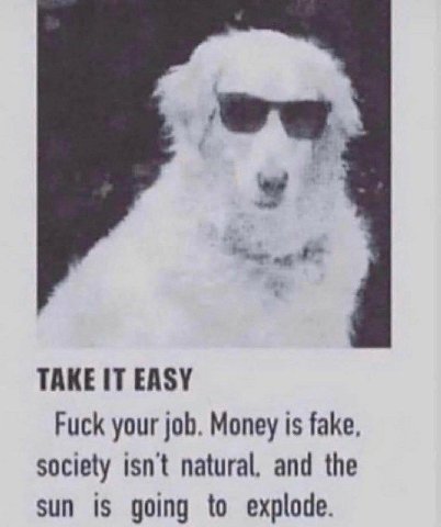 TAKE IT EASY Fuck your job. Money is fake society isnt natural. and the sun is going to explode.