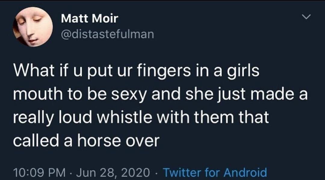 Matt Moir @distastefulman What if и put fingers in a girls mouth to be sexy and she just made a really loud whistle with them that called a horse over 10:09 Jun 28, 2020 Twitter for Android