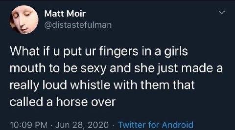 Matt Moir @distastefulman What if и put fingers in a girls mouth to be sexy and she just made a really loud whistle with them that called a horse over 10:09 Jun 28, 2020 Twitter for Android