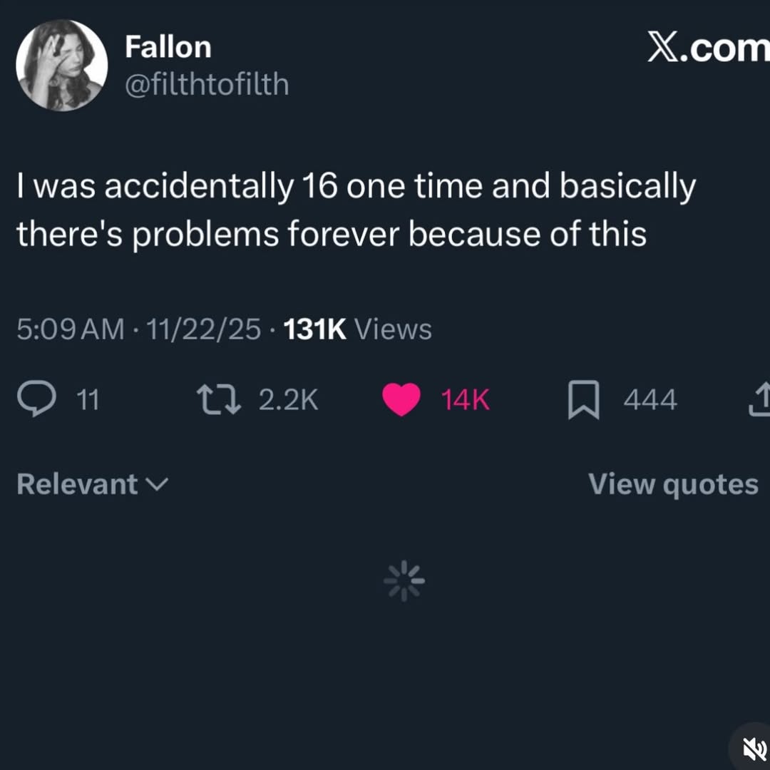 Fallon X.com e@filthtofilth was accidentally 16 one time and basically there's problems forever because of this 5:09 11/22/25 Views 2.2к 444 4 Relevant View quotes