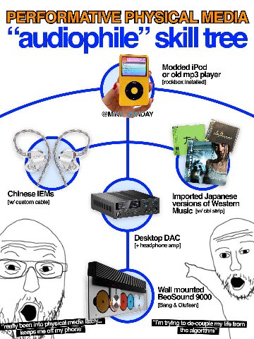“audiophile” skill tree Modded iPod or old player [rockbox installed] Chinese custom cable] Imported Japanese versions of Music [w/obi strip] lestern headphone amp] Desktop DAC LEZ A Wall mounted und 