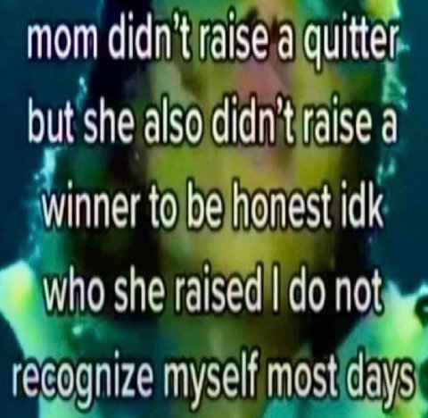 mom didn't raise а quitter but she also didn't raise a winner to be honest idk who she raised not к recognize myself most days