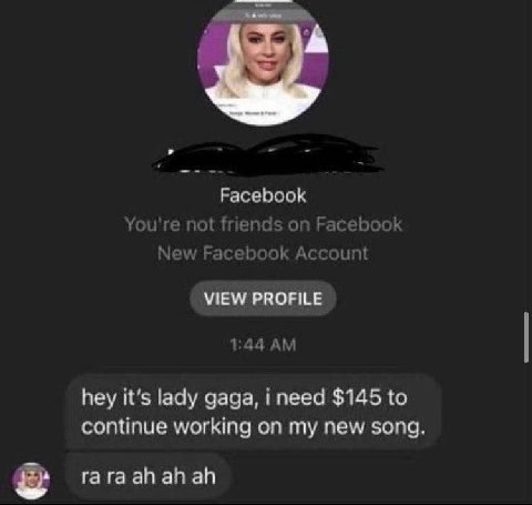 Facebook You're not friends on Facebook New Facebook Account VIEW PROFILE 44 hey it’s lady дада, i need $145 to continue working on my new song. 5