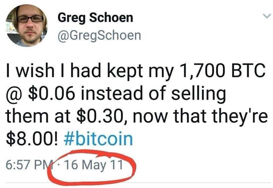 Greg Schoen wish had kept my 1,700 BTC $0.06 instead of selling them at $0.30, now that they're $8.00! #bitcoin 6:57