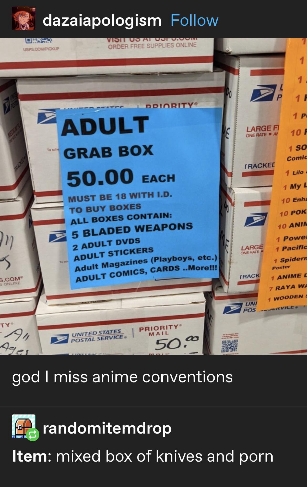 dazaiapologism Follow it 1 1 ADULT LARGE RATE 101 1 50 СВАВ ВОХ Comic 4 Lilo: 50.00 4 MUST BE 18 WITH 1.0. 10 Enh: то BUY BOXES BOXES CONTAIN: 40 РОК ALL 40 LADED WEAPONS 4 Powe! ADULT DVDS 4 Pacific 