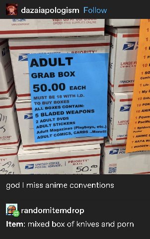 dazaiapologism Follow it 1 1 ADULT LARGE RATE 101 1 50 СВАВ ВОХ Comic 4 Lilo: 50.00 4 MUST BE 18 WITH 1.0. 10 Enh: то BUY BOXES BOXES CONTAIN: 40 РОК ALL 40 LADED WEAPONS 4 Powe! ADULT DVDS 4 Pacific 