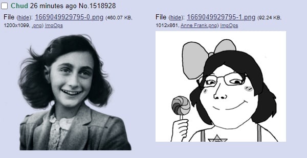 Chud 26 minutes ago No.1518928 File (hide): 1669049929795-0 png (460.07 File (hide): 1669049929795-1 png (92.24 .ong) ImgOps Anne Frank.png) 718055 Я my у