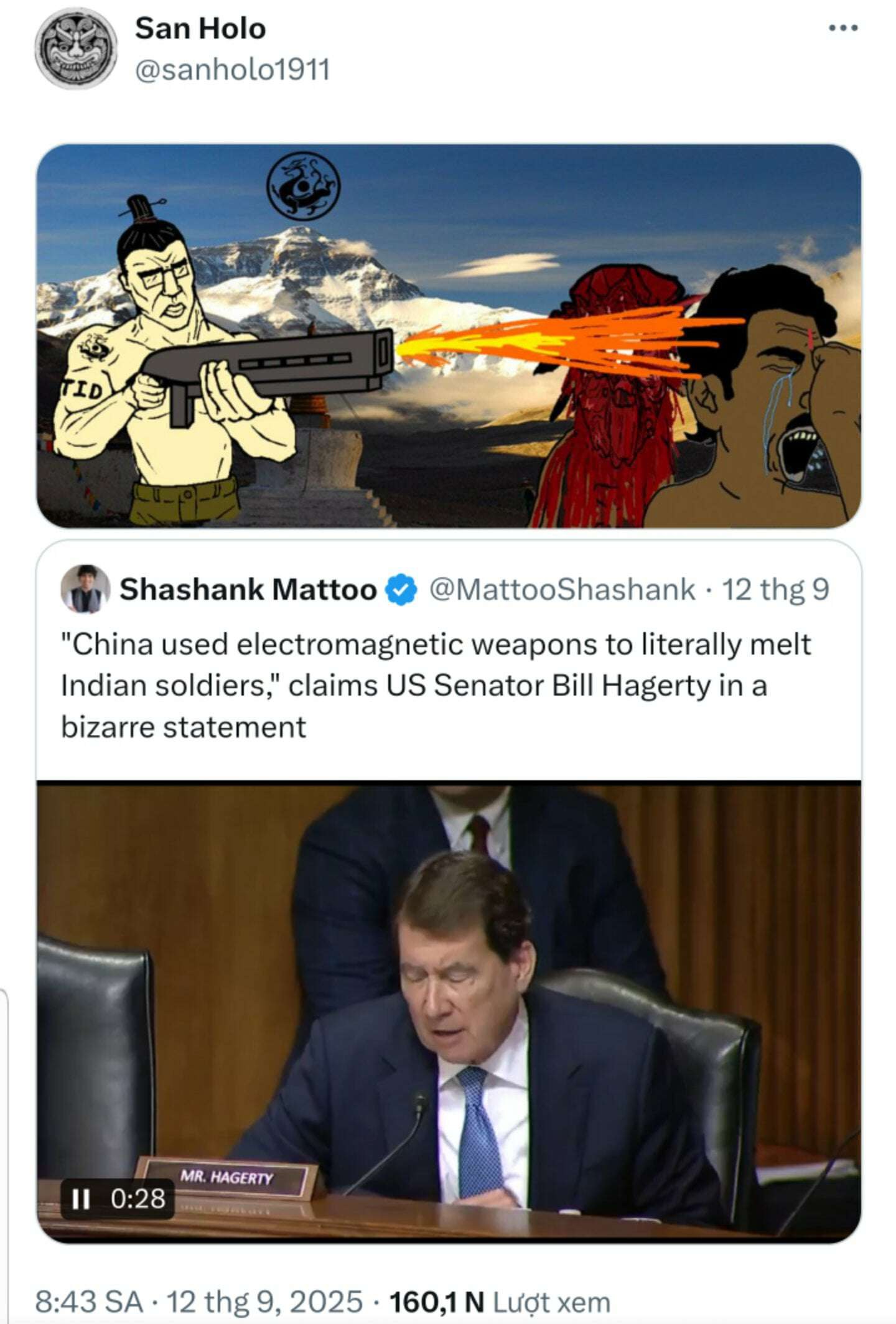 San Holo @sanholo1911 Shashank Mattoo @MattooShashank 12 thg 9 "China used electromagnetic weapons to literally melt Indian soldiers," claims Senator Bill Hagerty in a bizarre statement 0:28 8:43 12 t