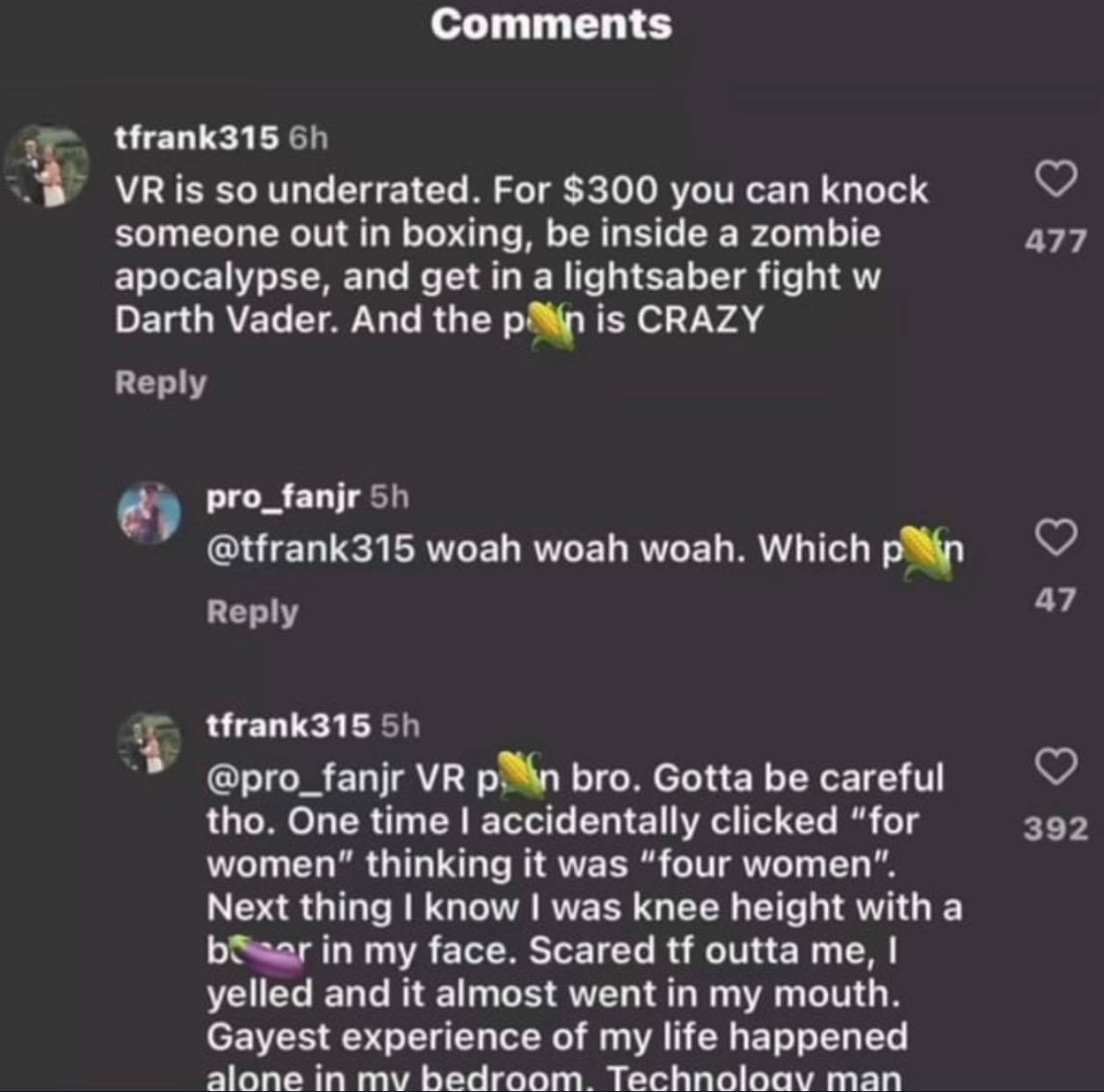 Comments 2 tfrank315 is so underrated. Рог $300 you can knock someone out in boxing, be inside a zombie 477 apocalypse, and get а lightsaber fight Darth Vader. And the is CRAZY Reply a) pro_fanjr @tfr