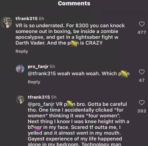 Comments 2 tfrank315 is so underrated. Рог $300 you can knock someone out in boxing, be inside a zombie 477 apocalypse, and get а lightsaber fight Darth Vader. And the is CRAZY Reply a) pro_fanjr @tfr