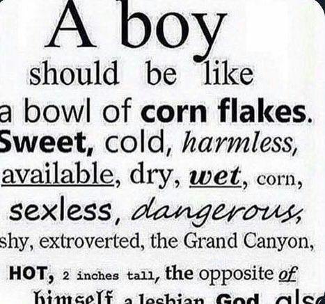 О should be like а bowl of corn flakes. Sweet, cold, harmless, available, dry, wet, corn, sexless, dangerous, shy, extroverted, the Grand Canyon, НОТ, 2 inches tai1, the opposite of
