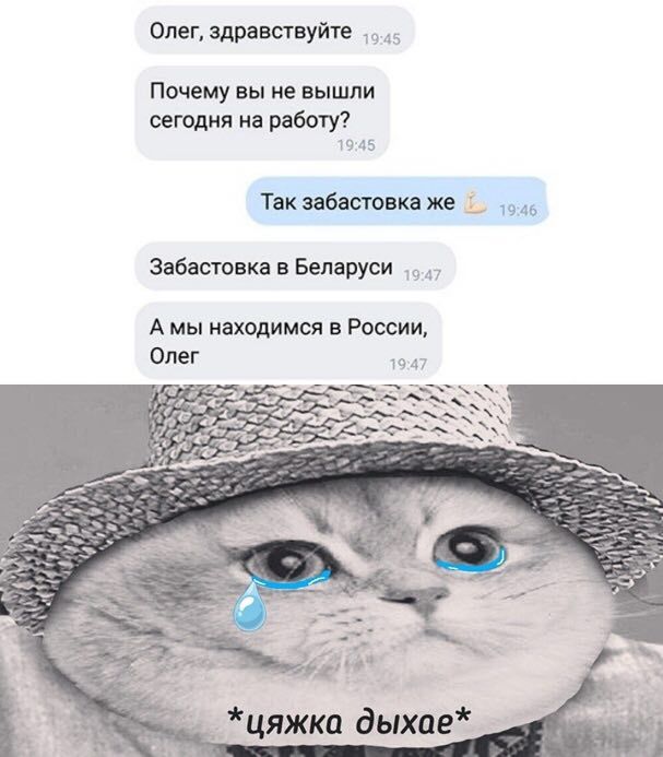 Олег, здравствуйте Почему вы не вышли сегодня на работу? 19:45 Так забастовка же Забастовка в Беларуси 47 А мы находимся в России, Олег 19:47 дыхае*