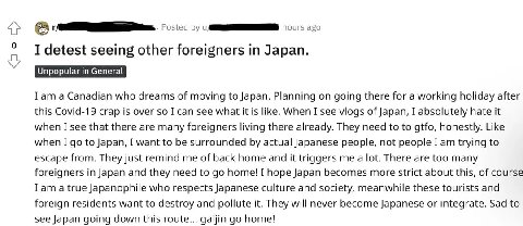 Posted ago I detest seeing other foreigners Japan. Iam a Canadian who dreams of moving to Japan. Planning on going there for a working holiday after this Covid-19 crap is over so I can see what it is 