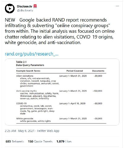 Disclose.tv @disclosetv NEW Google-backed RAND report recommends infiltrating subverting “online conspiracy groups" from within. The initial analysis was focused on online chatter relating to alien vi