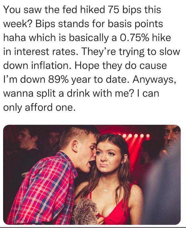You saw the fed hiked 75 bips this week? Bips stands for basis points haha which is basically a 0.75% hike in interest rates. They’re trying to slow down inflation. Hope they cause down 89% year to da