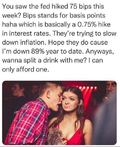 You saw the fed hiked 75 bips this week? Bips stands for basis points haha which is basically a 0.75% hike in interest rates. They’re trying to slow down inflation. Hope they cause down 89% year to da
