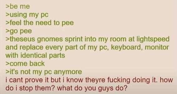 >using my >feel the need to pee pee >theseus gnomes sprint into my room at lightspeed and replace every part of my keyboard, monitor with identical parts >come back >it's not my anymore i cant prove i