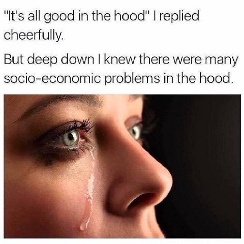 "It's all good in the hood" replied cheerfully. But deep down knew there were many socio-economic problems in the hood. 7
