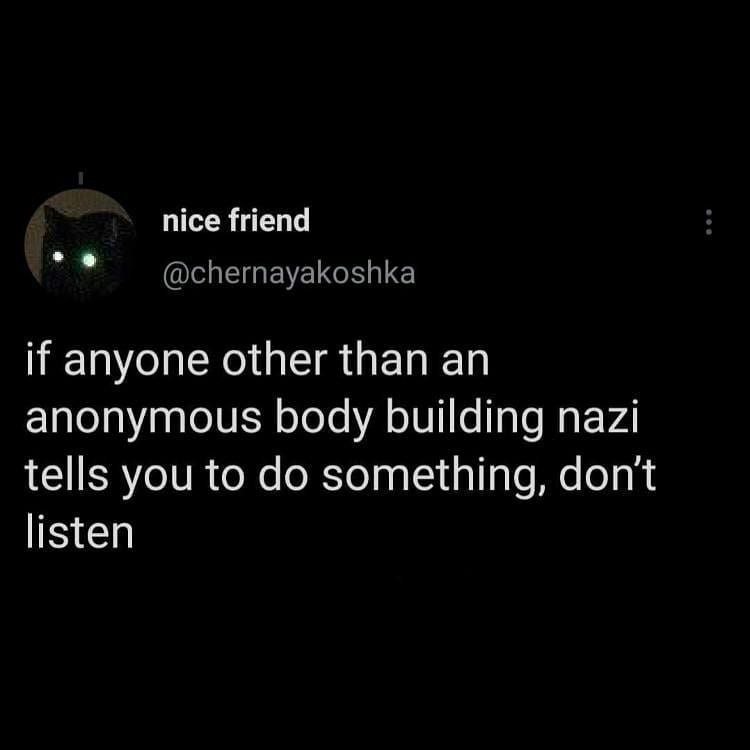 nice friend @chernayakoshka if anyone other than an anonymous body building nazi tells you to something, don't listen
