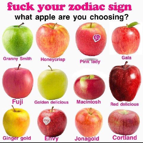 fuck your zodiac sign what are №17 Chg Granny Smith Honeycrisp Gala Pink lady Fuji Golden delicious Macintosh Red delicious Ginger gold Jonagold Cortland