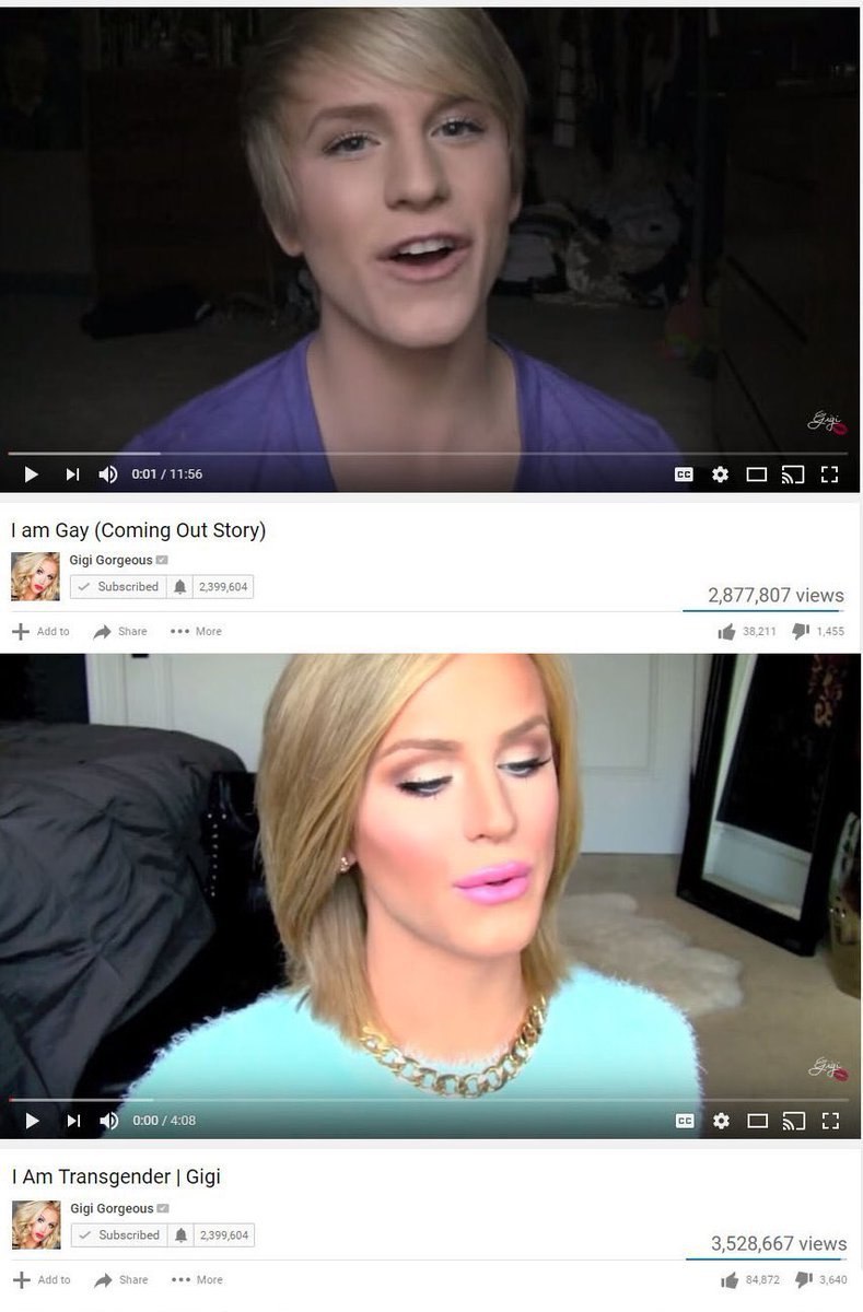Gay (Coming Out Story) 4 Gigi Gorgeous 2,877,807 view a 0:00 4:08 Transgender Gigi я 4 Gigi Gorgeous a 3,528,667 views
