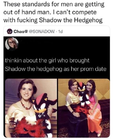 These standards for men are getting out of hand man. can’t compete with fucking Shadow the Hedgehog @SONADOW thinkin about the girl who brought Shadow the hedgehog as her prom date