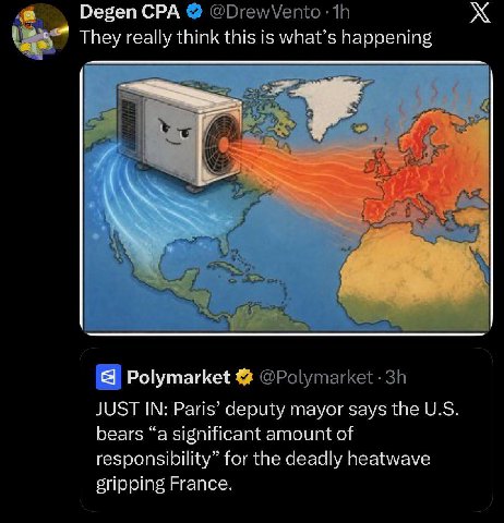 Degen CPA They really think this is what’s happening Я Polymarket JUST IN: Paris’ deputy mayor says the bears “a significant amount of responsibility” for the deadly heatwave gripping France.