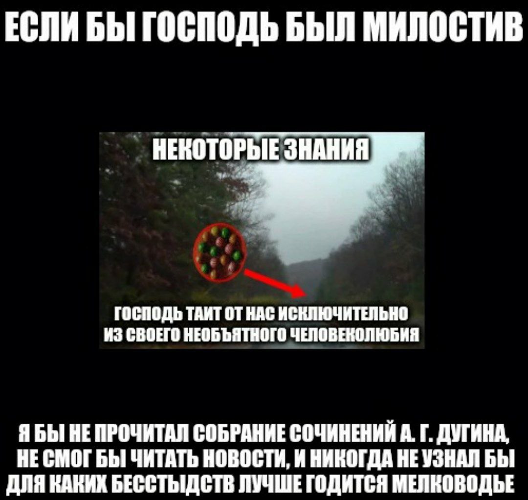 ЕСЛИ БЫ ГОСПОДЬ БЫЛ МИЛОСТИВ НЕКОТОРЫЕ ЗНАНИЯ ГОСПОДЬ ТАИТ ОТ НАС ИСКЛЮЧИТЕЛЬНО ИЗ СВОЕГО НЕОБЪЯТНОГО ЧЕЛОВЕКОЛЮБИЯ ЯБЫ HE ПРОЧИТАЛ СОБРАНИЕ СОЧИНЕНИЙ ДУГИНА, НЕСМОГБЫ ЧИТАТЬ НОВОСТИ, И НИКОГДА НЕУЗНА