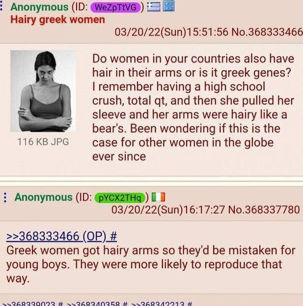 Anonymous Hairy greek women 03/20/22(Sun)15:51:56 No.368333466 women in your countries also have hair in their arms or is it greek genes? remember having а high school crush, total and then she pulled