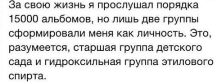 За свою жизнь я прослушал порядка 15000 альбомов, но лишь две группы сформировали меня как личность. Это, разумеется, старшая группа детского сада и гидроксильная группа этилового спирта.