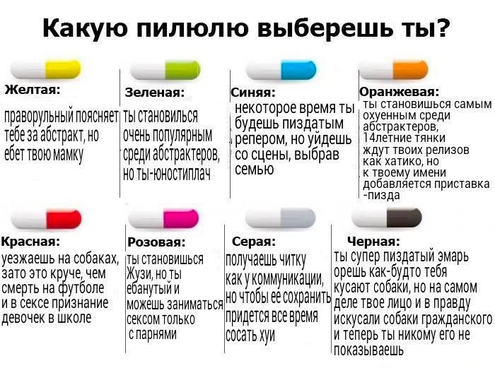 Какую пилюлю выберешь ты? Желтая: Зеленая: Синяя: 'Юранжевая: ты становишься самым праворульный ПОЯСНЯЕТ ТЫ СТЯНОВИЛЬСЯ некоторое время ты охуенным среди тебе за но удешь пиздатым абстрактеров, 14летн