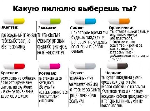 Какую пилюлю выберешь ты? Желтая: Зеленая: Синяя: 'Юранжевая: ты становишься самым праворульный ПОЯСНЯЕТ ТЫ СТЯНОВИЛЬСЯ некоторое время ты охуенным среди тебе за но удешь пиздатым абстрактеров, 14летн