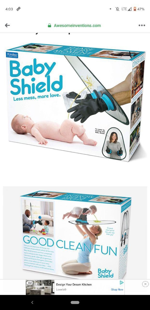 4:03 a LTE Awesomeinventions.com eee aby Shie love. Less mess, more 7 SOOD FUN Bab Shield Design Your Dream Kitchen Shop Now