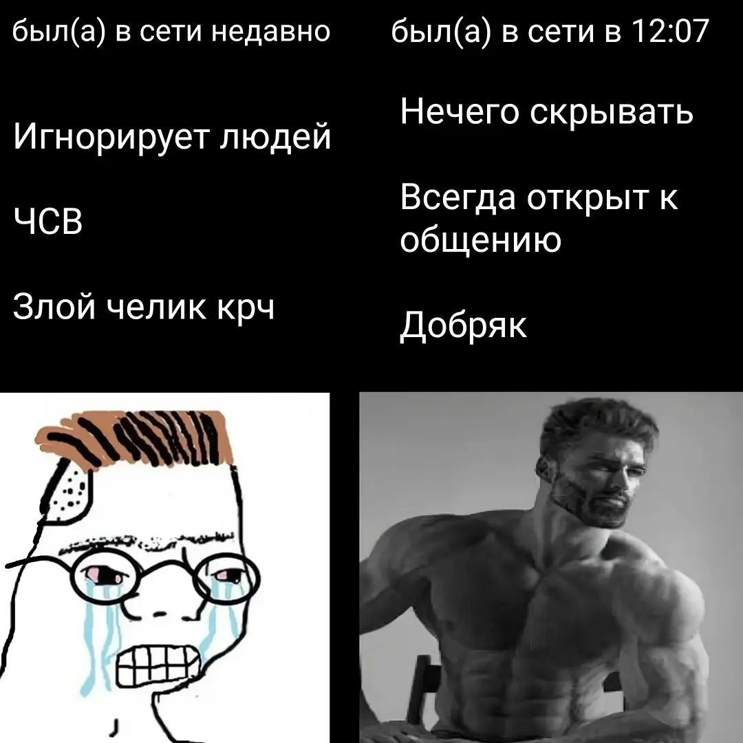 был(а) в сети недавно был(а) в сети в 12:07 Нечего скрывать Игнорирует людей Всегда открыт к ЧСВ общению Злой челик крч Добряк я
