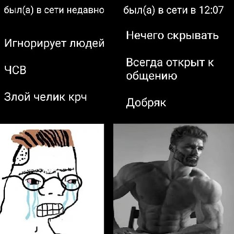 был(а) в сети недавно был(а) в сети в 12:07 Нечего скрывать Игнорирует людей Всегда открыт к ЧСВ общению Злой челик крч Добряк я