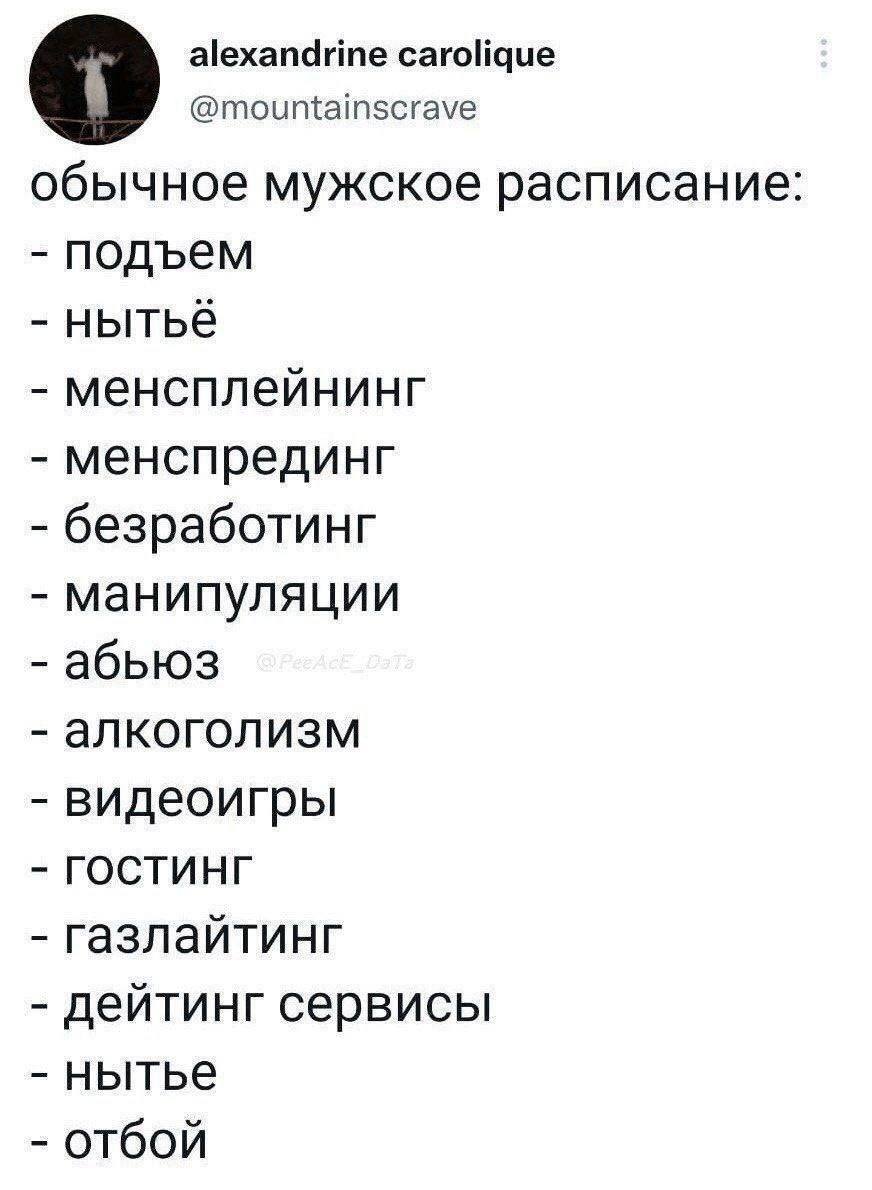 alexandrine carolique @mountainscrave обычное мужское расписание: подъем нытьё менсплейнинг менспрединг безработинг манипуляции абьюз алкоголизм видеоигры ГОСТИНГ газлайтинг дейтинг сервисы нытье отбо