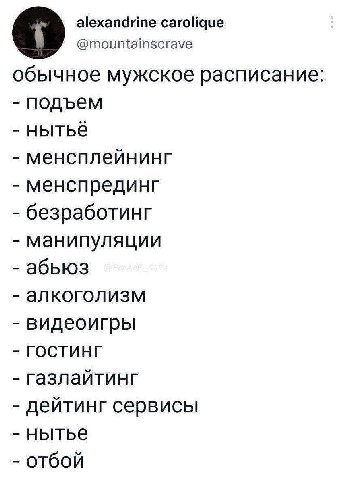 alexandrine carolique @mountainscrave обычное мужское расписание: подъем нытьё менсплейнинг менспрединг безработинг манипуляции абьюз алкоголизм видеоигры ГОСТИНГ газлайтинг дейтинг сервисы нытье отбо