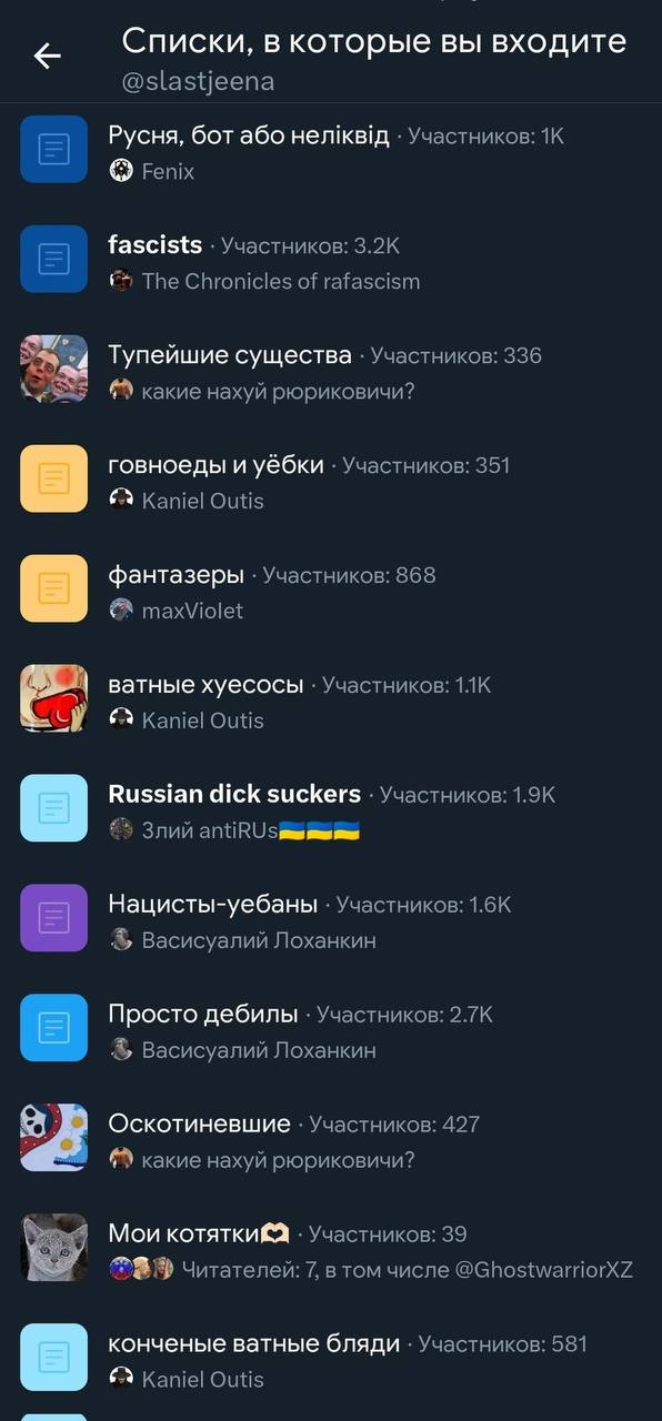 Списки, в которые вы входите @slastjeena Русня, бот або HenikBig Участников: Fenix fascists Участников: The Chronicles of rafascism Тупейшие существа Участников: 336 какие нахуй рюриковичи? говноеды и